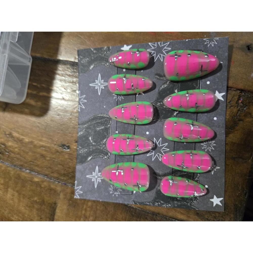 Pink and green almond press on nails custom made